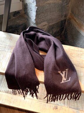 Louis Vuitton Brown Cashmere Logo Fringed Scarf